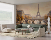Golden cityscape wall mural shown in a refined home office
