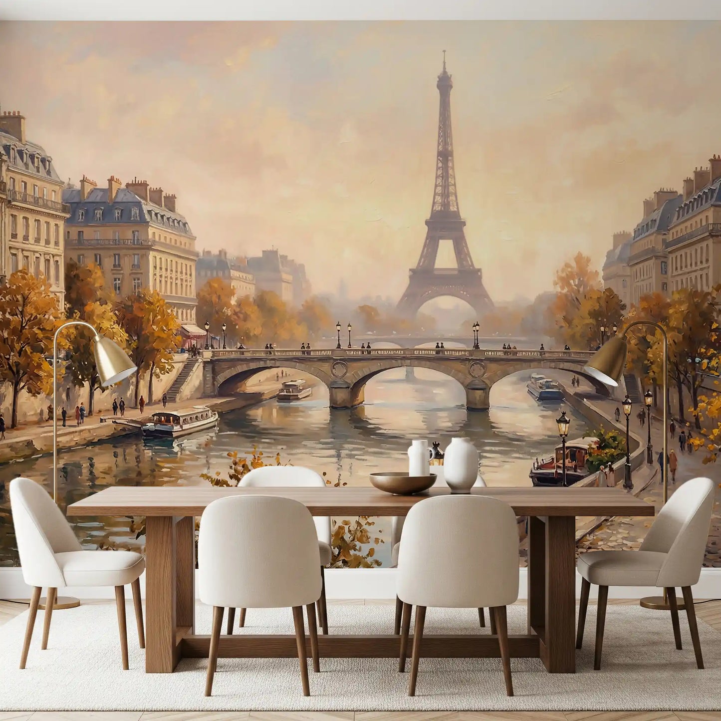 Paris river wall mural styled in a modern dining room