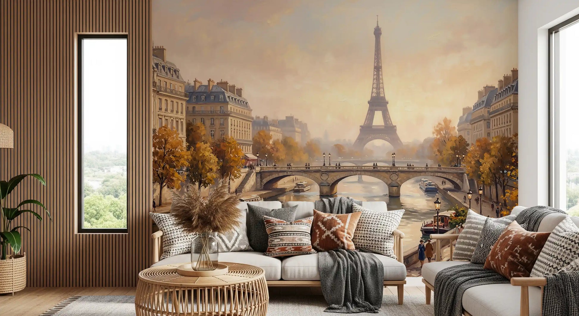 Eiffel Tower wall mural highlighted in a lounge area