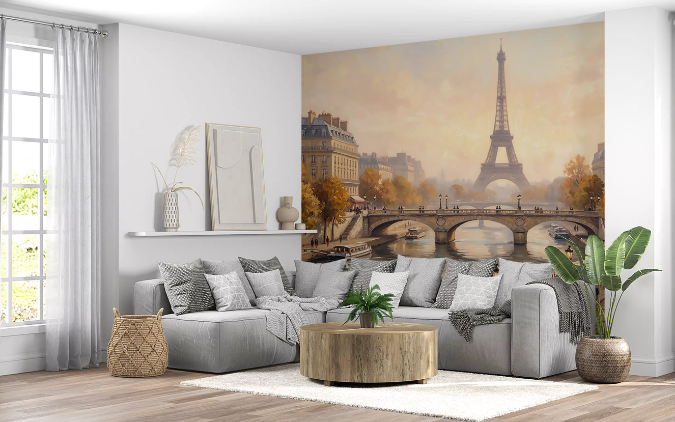 Parisian Autumn Glow wall mural in a stylish living room