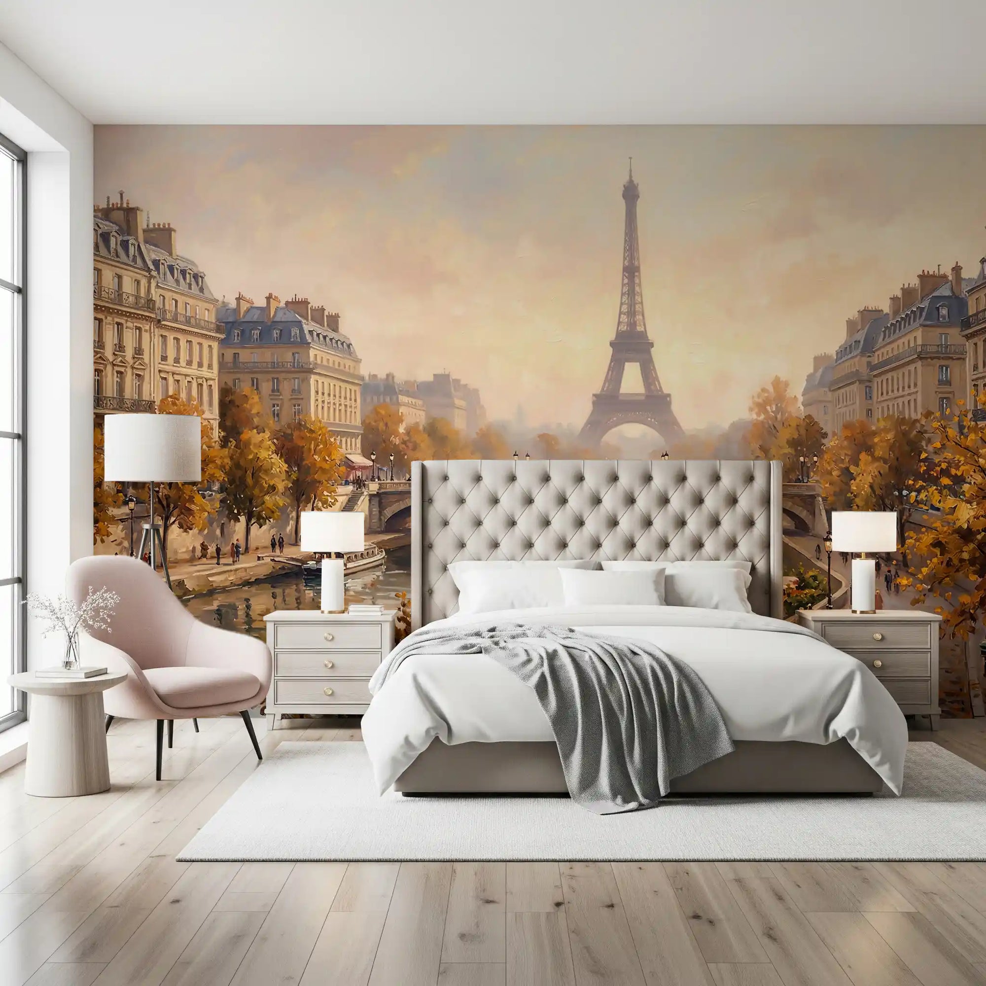 Eiffel Tower autumn wall mural featured in a cozy bedroom