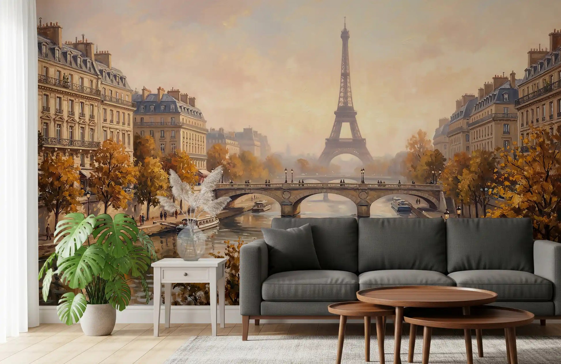 Paris skyline wall mural styled in a cozy living room space 