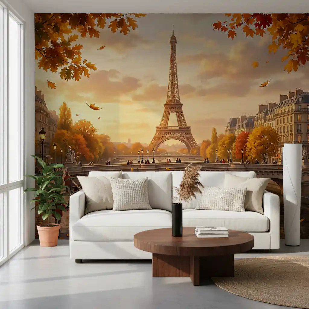 Paris autumn wall mural in a stylish living room setting