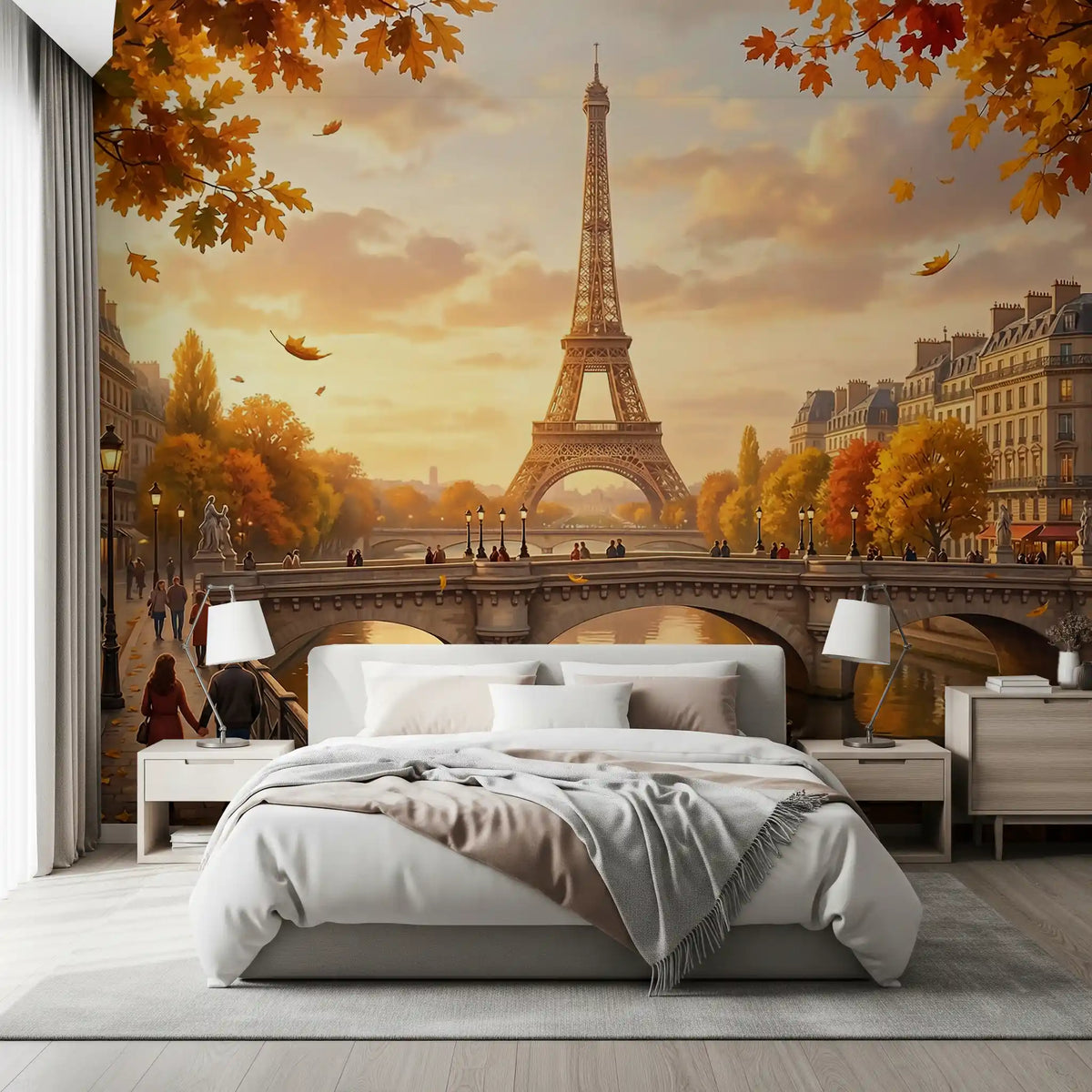 Autumn Paris wall mural placed in a modern bedroom space