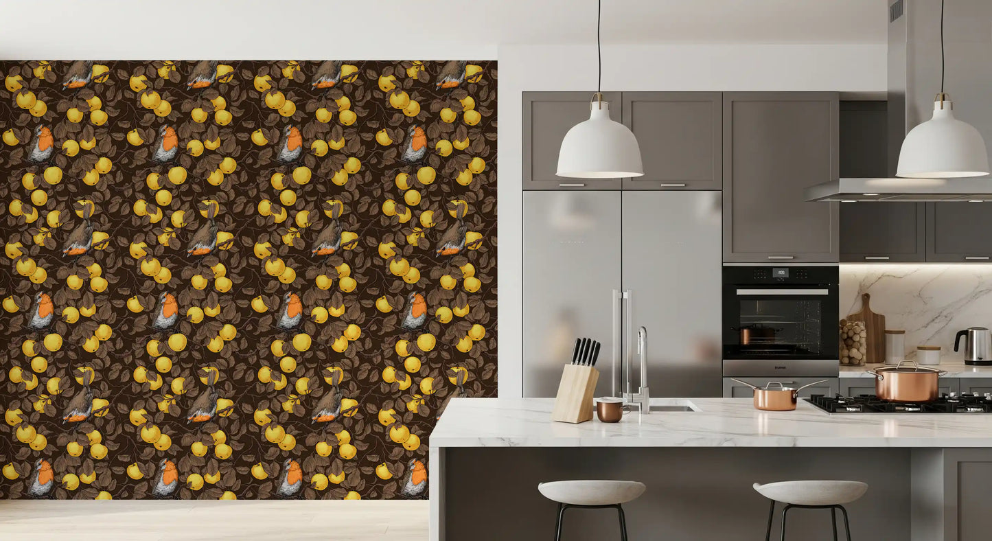 Robins in the apple tree/yellow and dark brown Wallpaper⁠