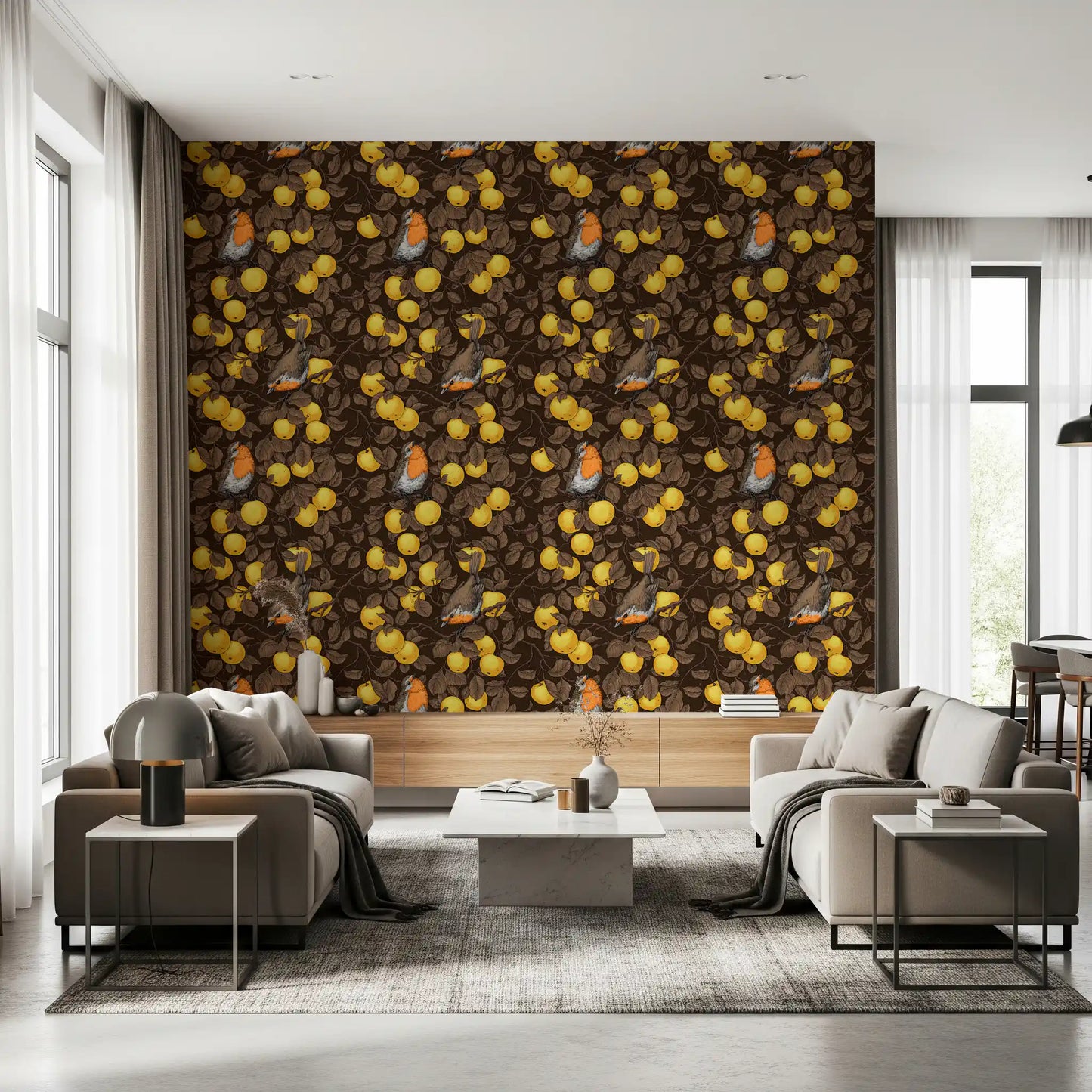 Robins in the apple tree/yellow and dark brown Wallpaper⁠