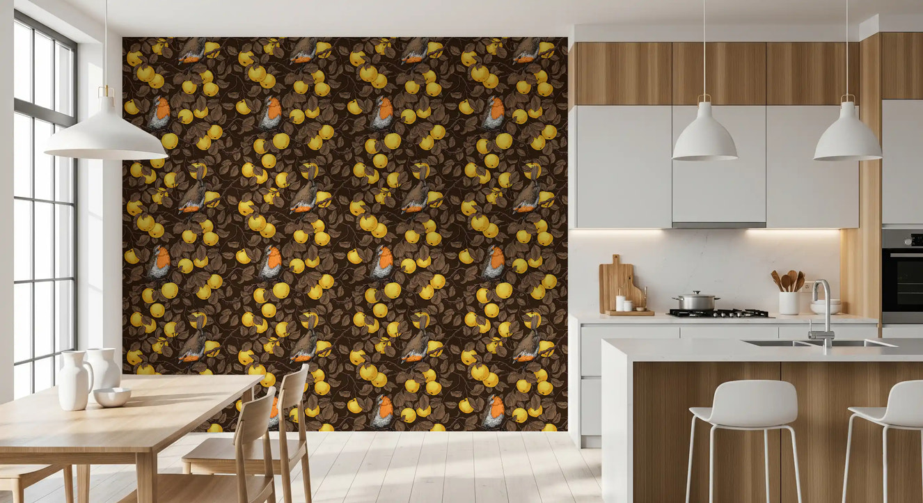 Robins in the apple tree/yellow and dark brown Wallpaper⁠