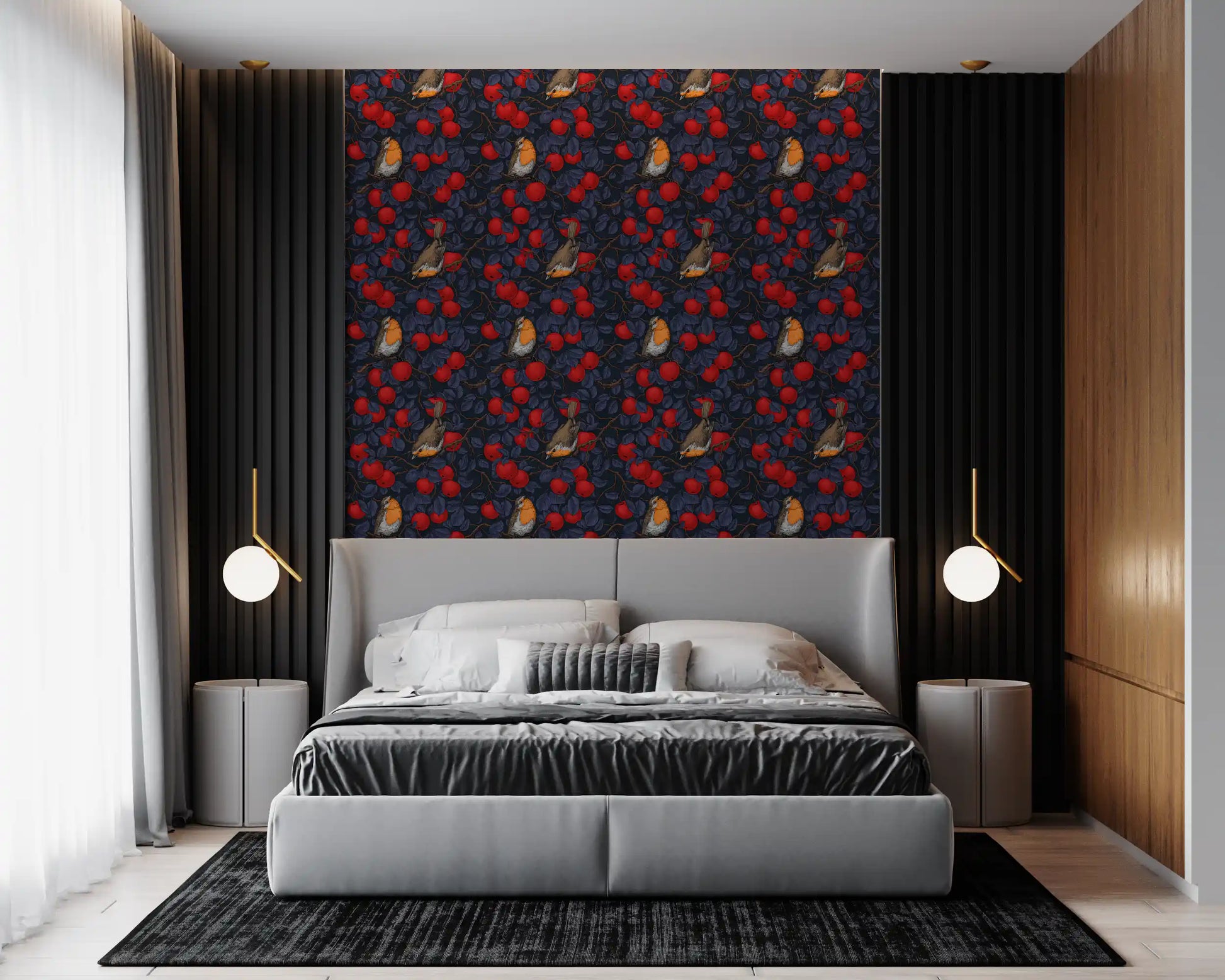 Woodland bird wallpaper placed in a bedroom style 