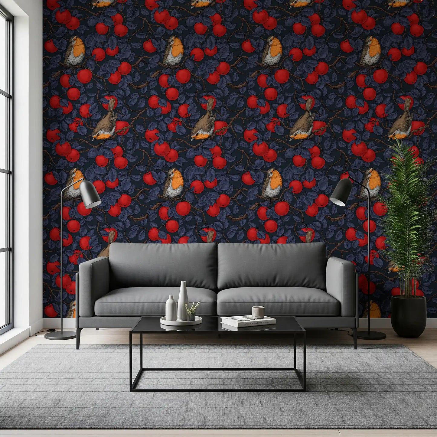 Robin and apple branch wallpaper in a creative living space