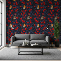 Robin and apple branch wallpaper in a creative living space