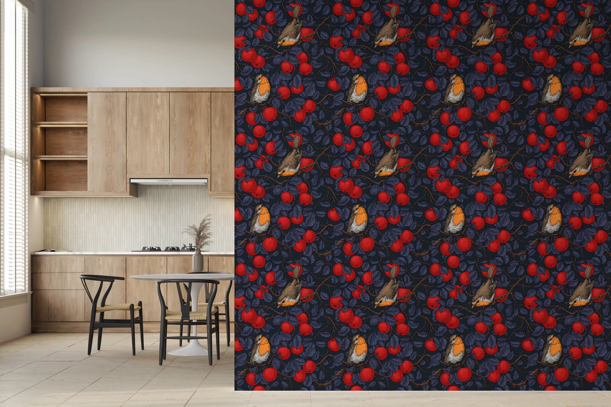 Robins in the Apple Tree wallpaper styled in a Dining room 