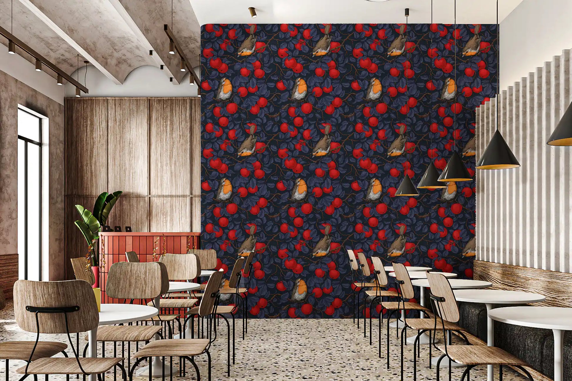 Botanical robin wallpaper shown in a narrow restaurants area