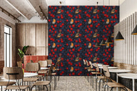 Botanical robin wallpaper shown in a narrow restaurants area