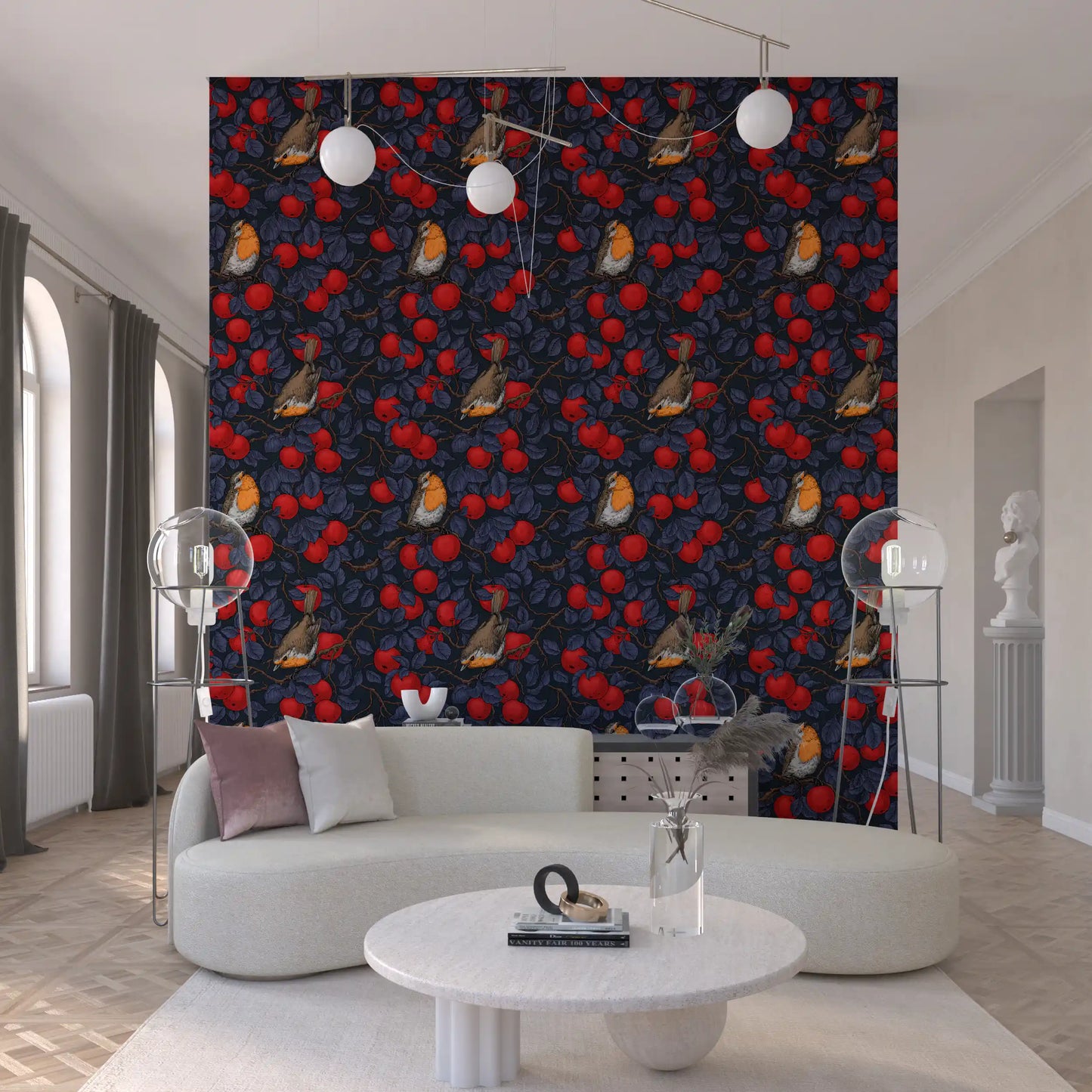 Apple tree bird wallpaper arranged in a welcoming living space 