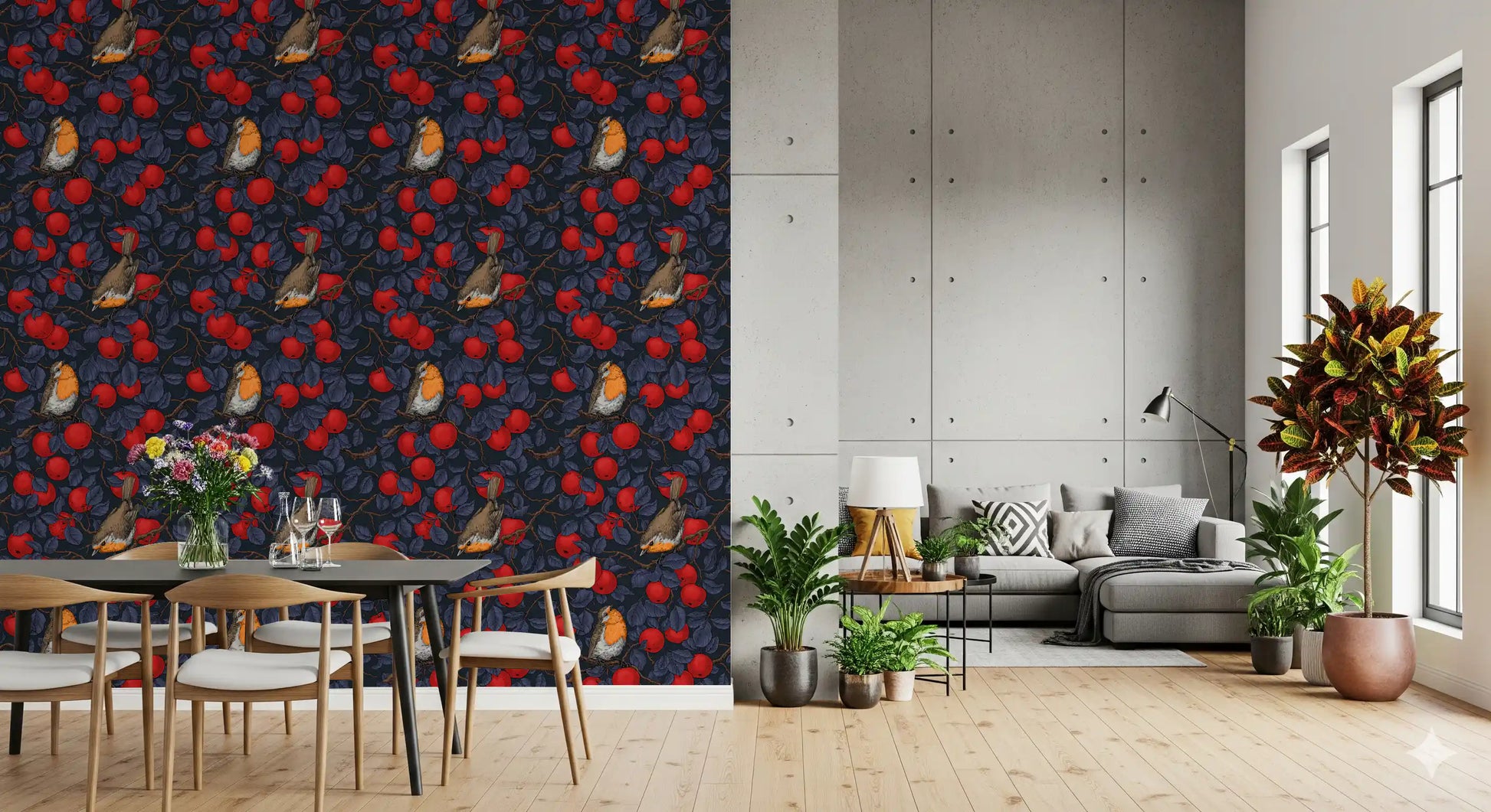 Dark blue nature wallpaper styled in an elegant dining and living area 