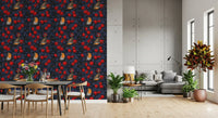 Dark blue nature wallpaper styled in an elegant dining and living area 