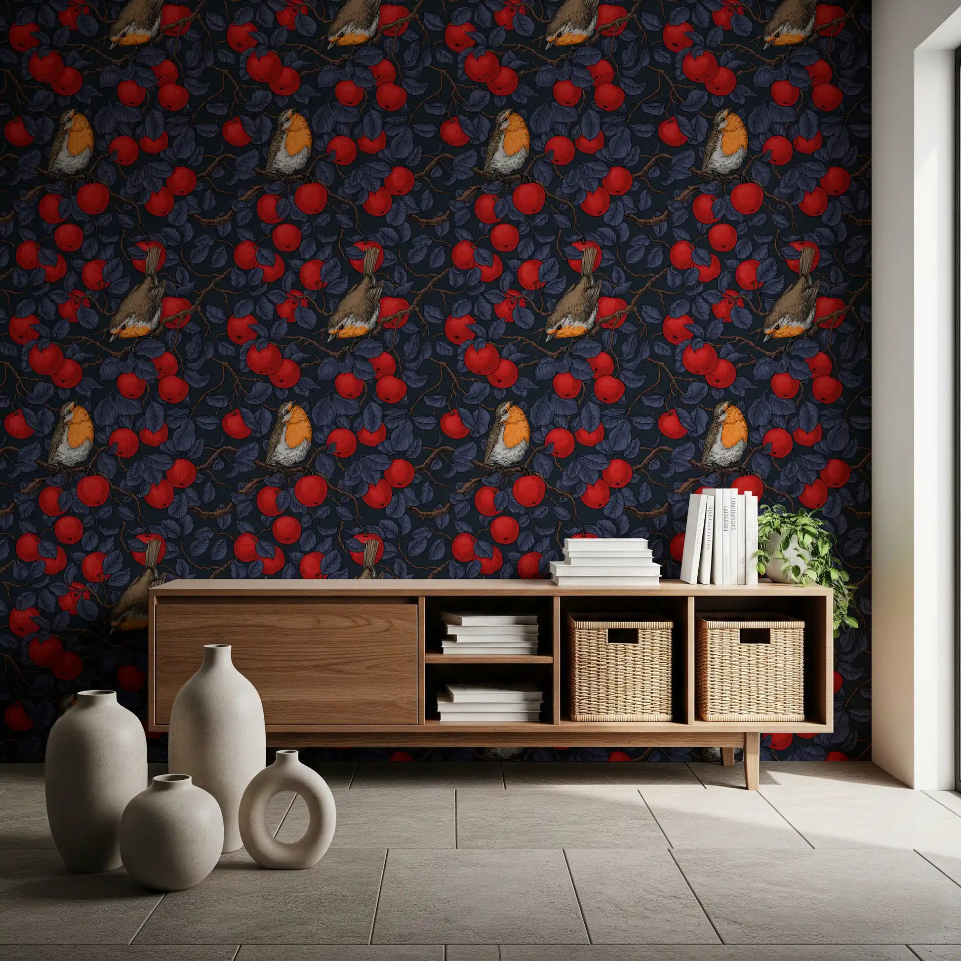 Robins in the Apple Tree wallpaper with blue leaves and red apples