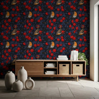 Robins in the Apple Tree wallpaper with blue leaves and red apples