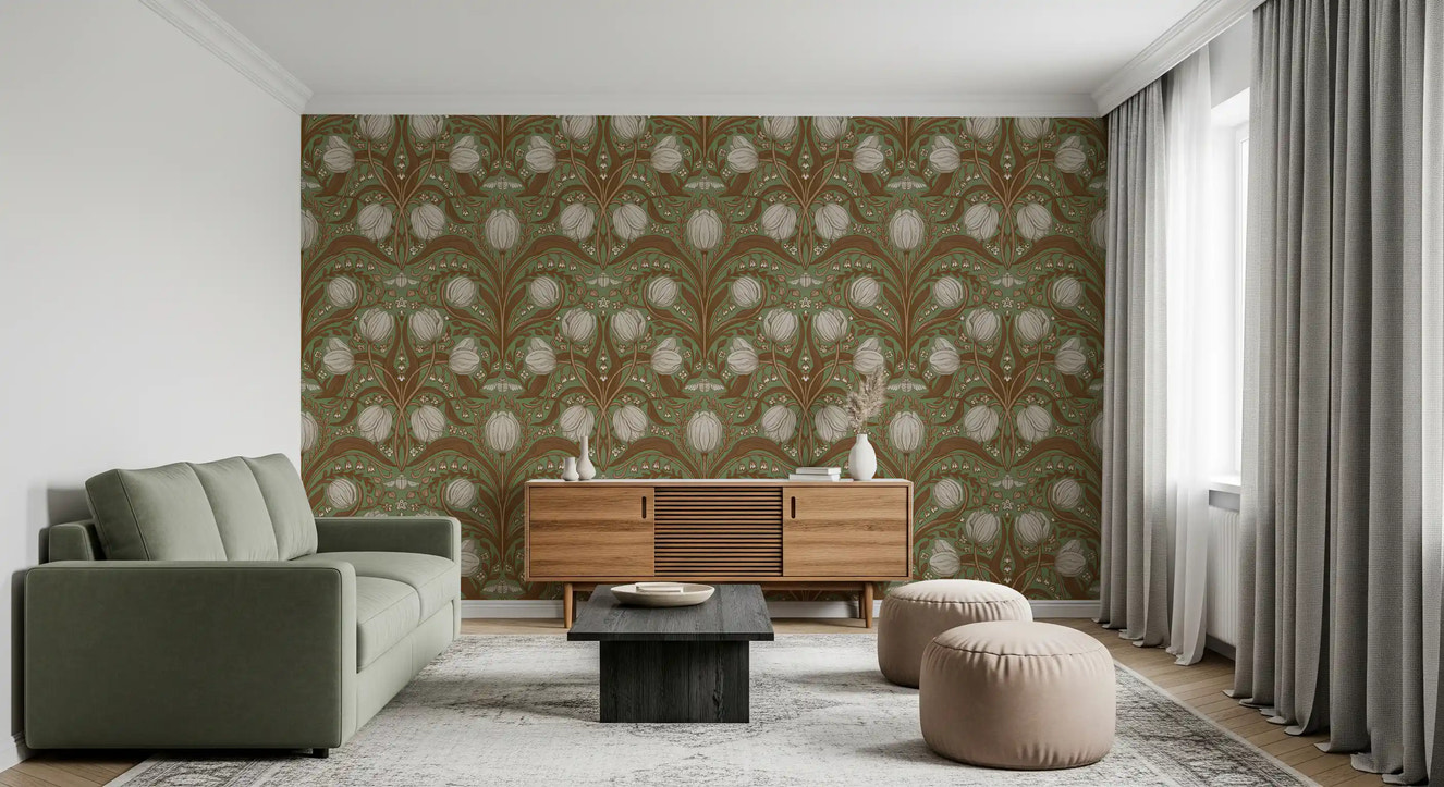 Retro Nouveau Tulips in sage and brown Wallpaper⁠