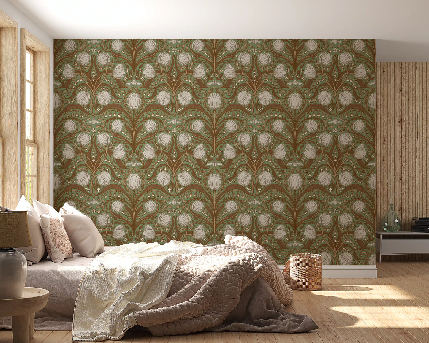 Retro Nouveau Tulips in sage and brown Wallpaper⁠