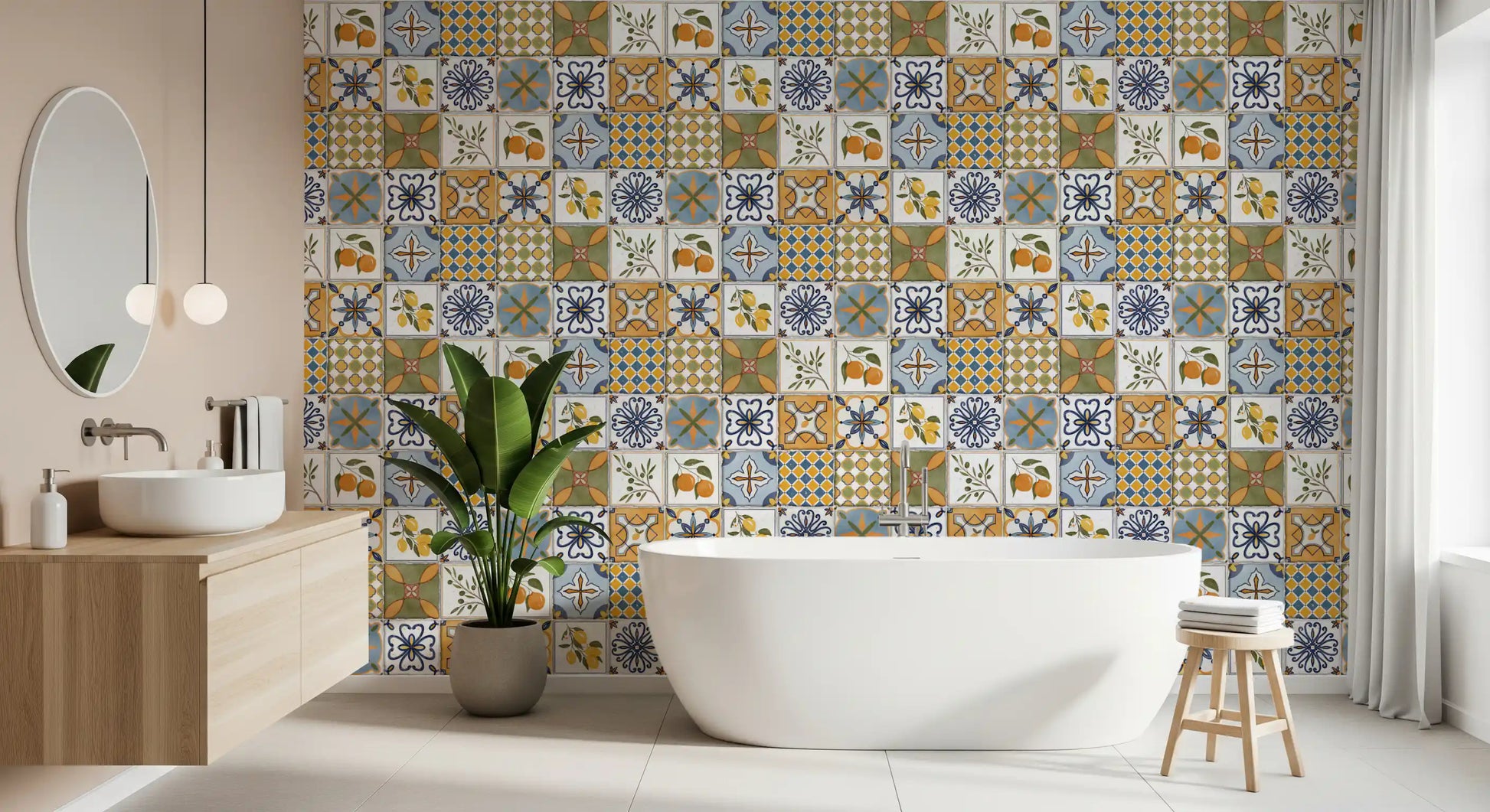 Matte majolica wallpaper adding texture to a bathroom 