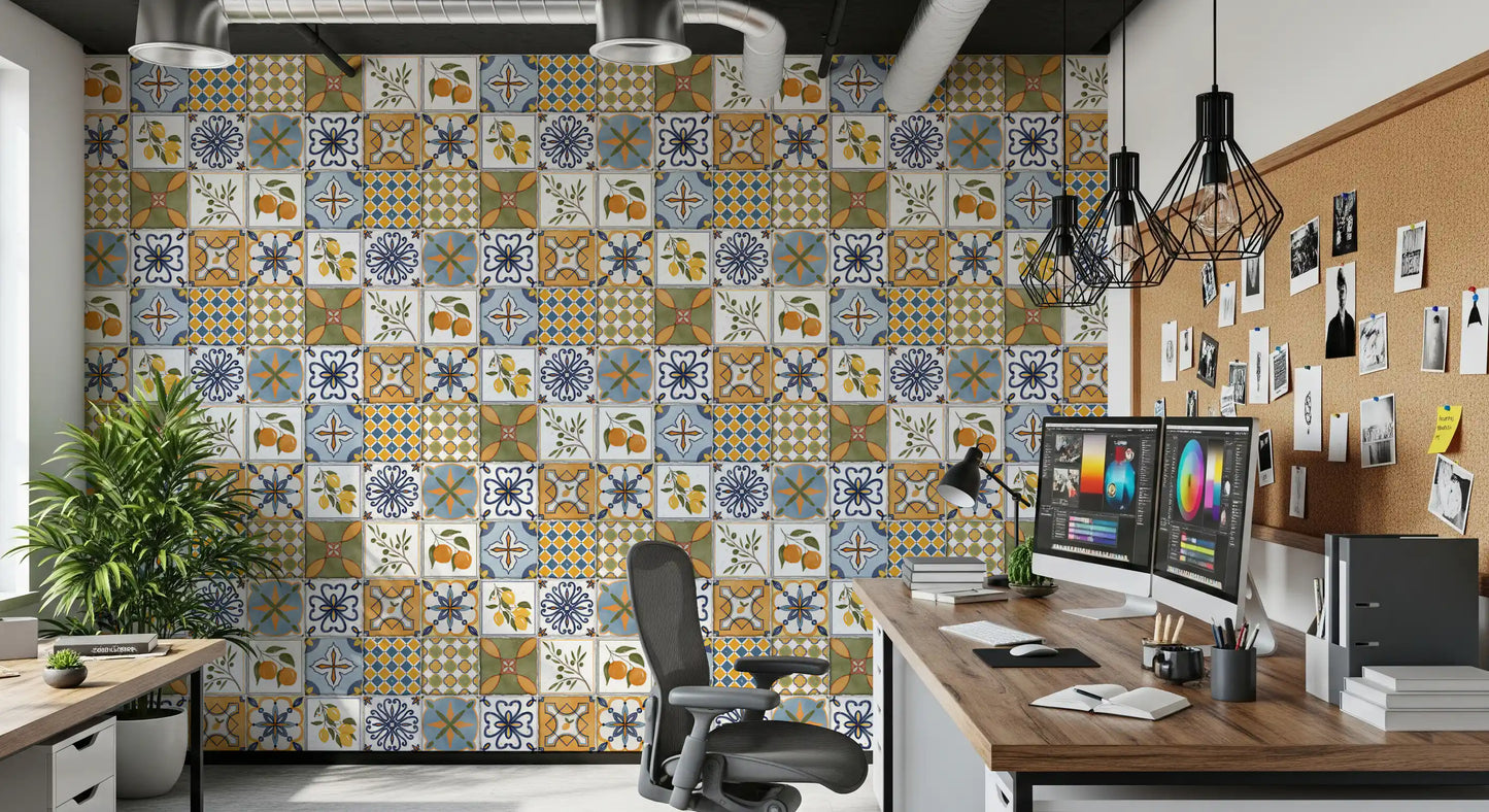 Matte majolica wallpaper adding texture to a home office 