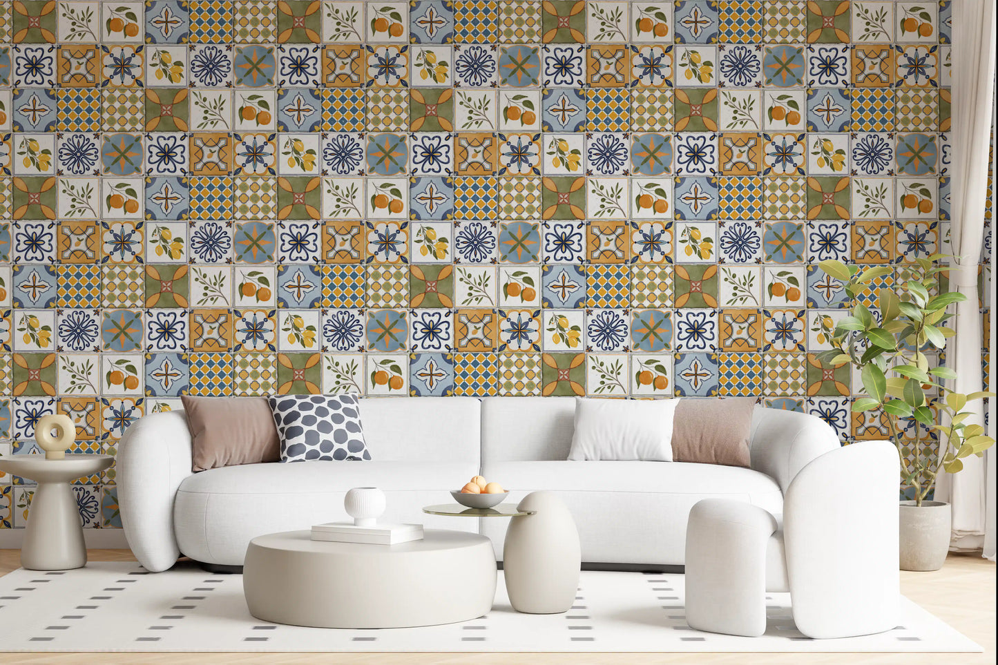 Mediterranean ceramic tile wallpaper styled in a narrow hallway