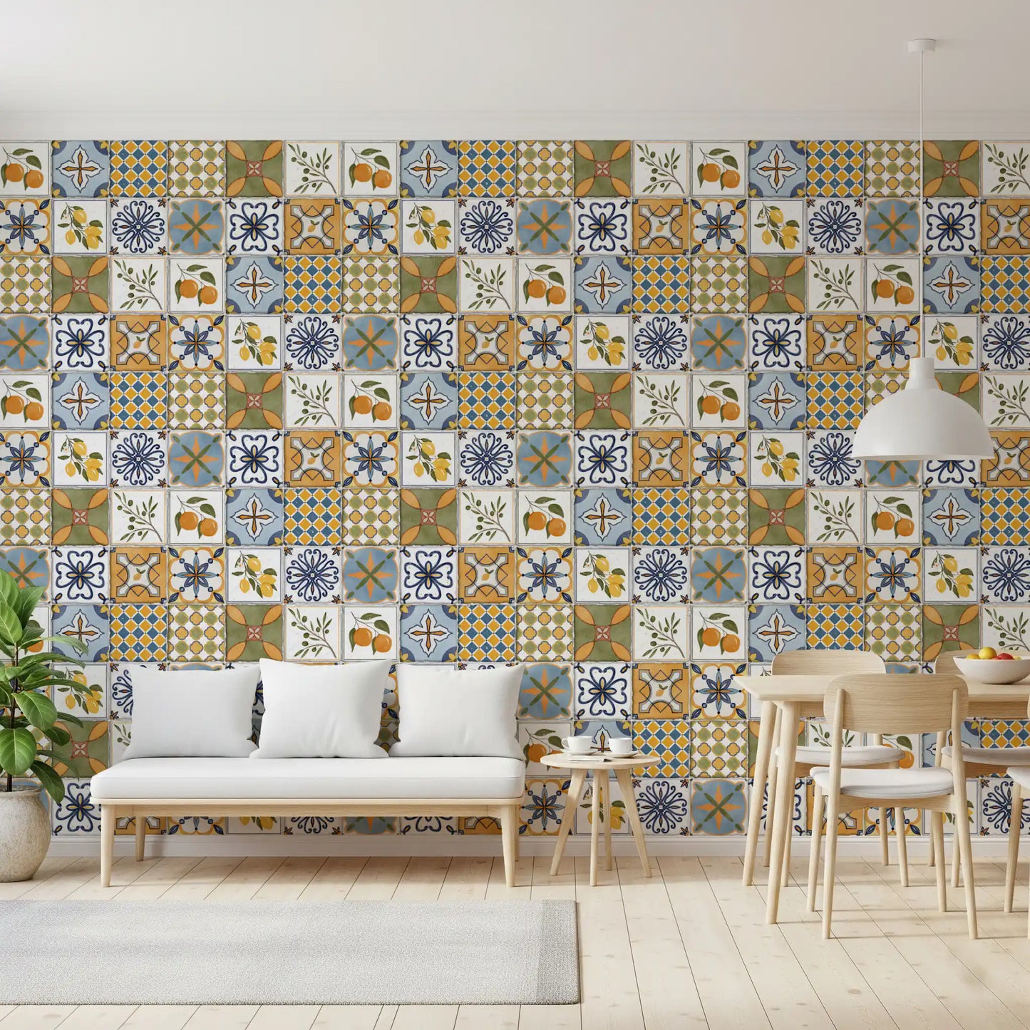 Blue tile-inspired wallpaper arranged in a stylish dining area