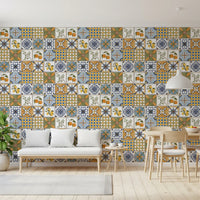 Blue tile-inspired wallpaper arranged in a stylish dining area