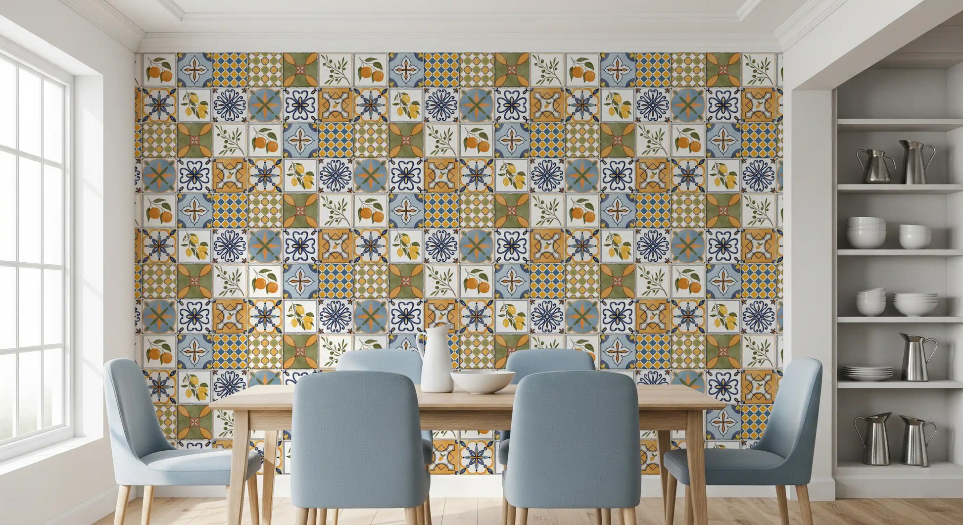 Majolica pattern wallpaper bringing detail to a dining room space