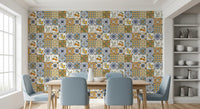 Majolica pattern wallpaper bringing detail to a dining room space