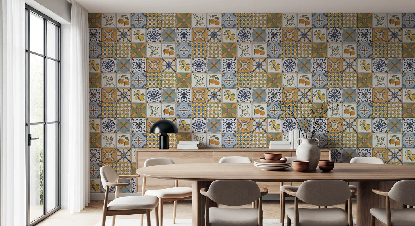 Mediterranean majolica wallpaper brightening a modern dining room