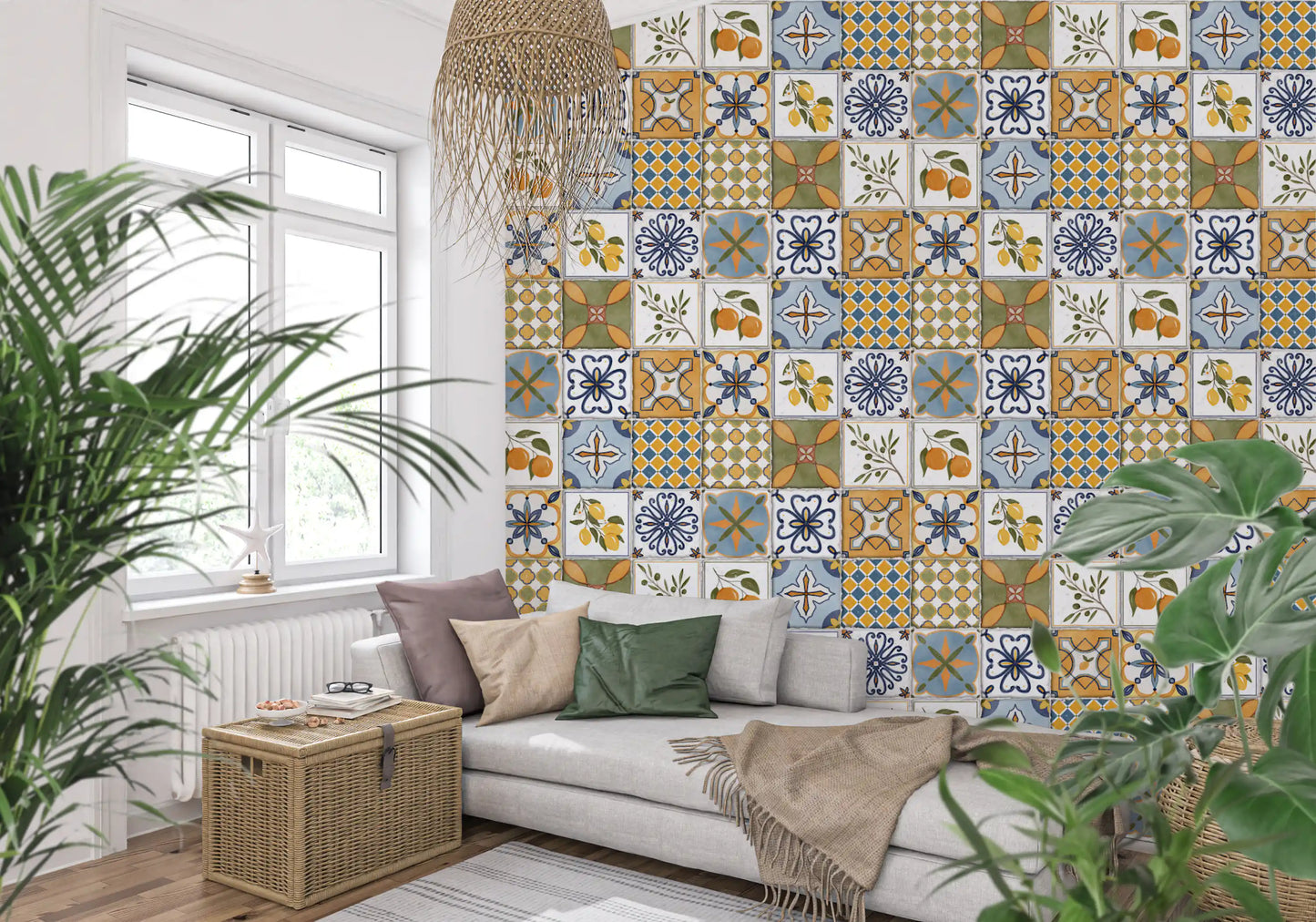 Majolica tiles wallpaper set in a cozy living area 