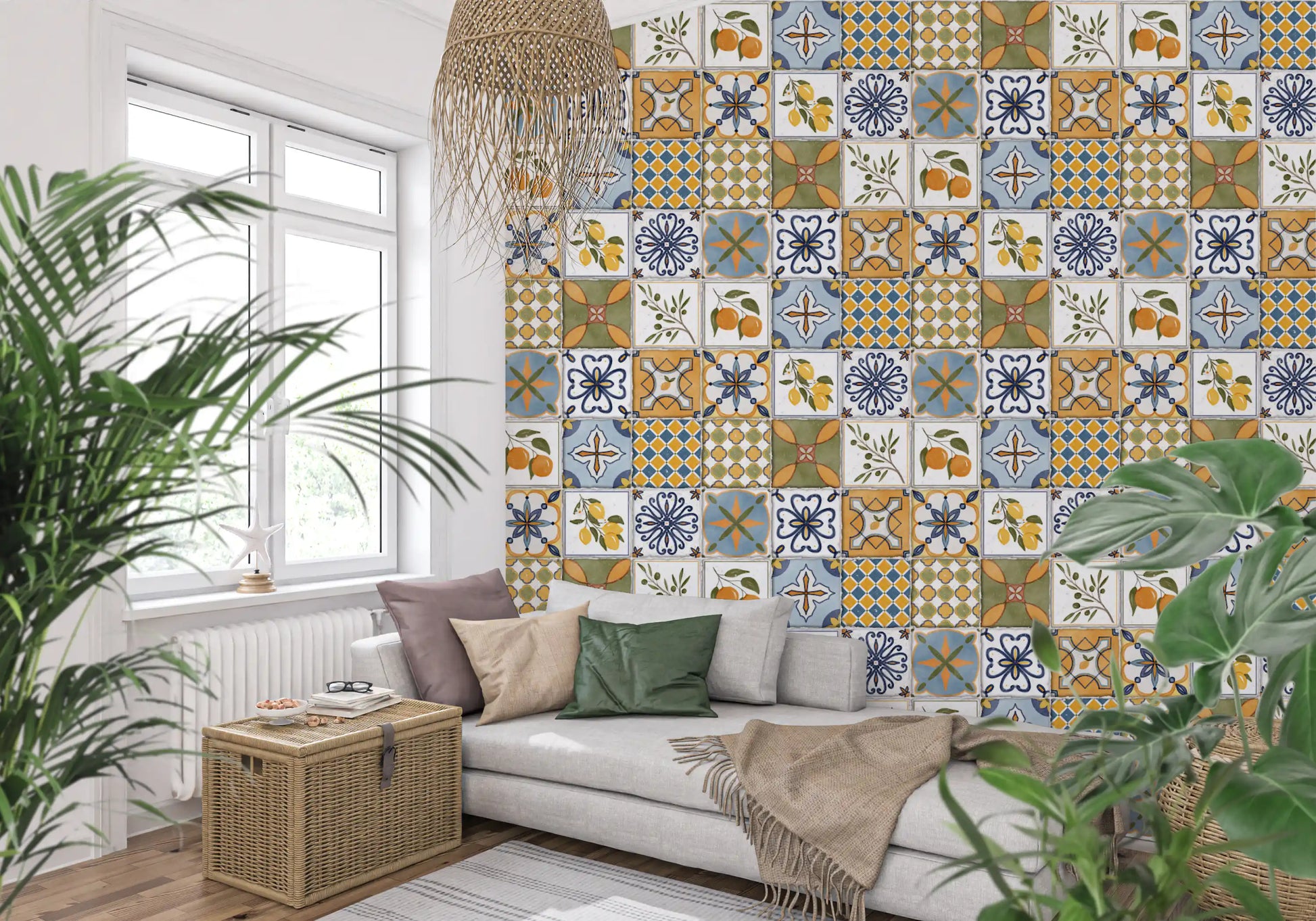 Majolica tiles wallpaper set in a cozy living area 