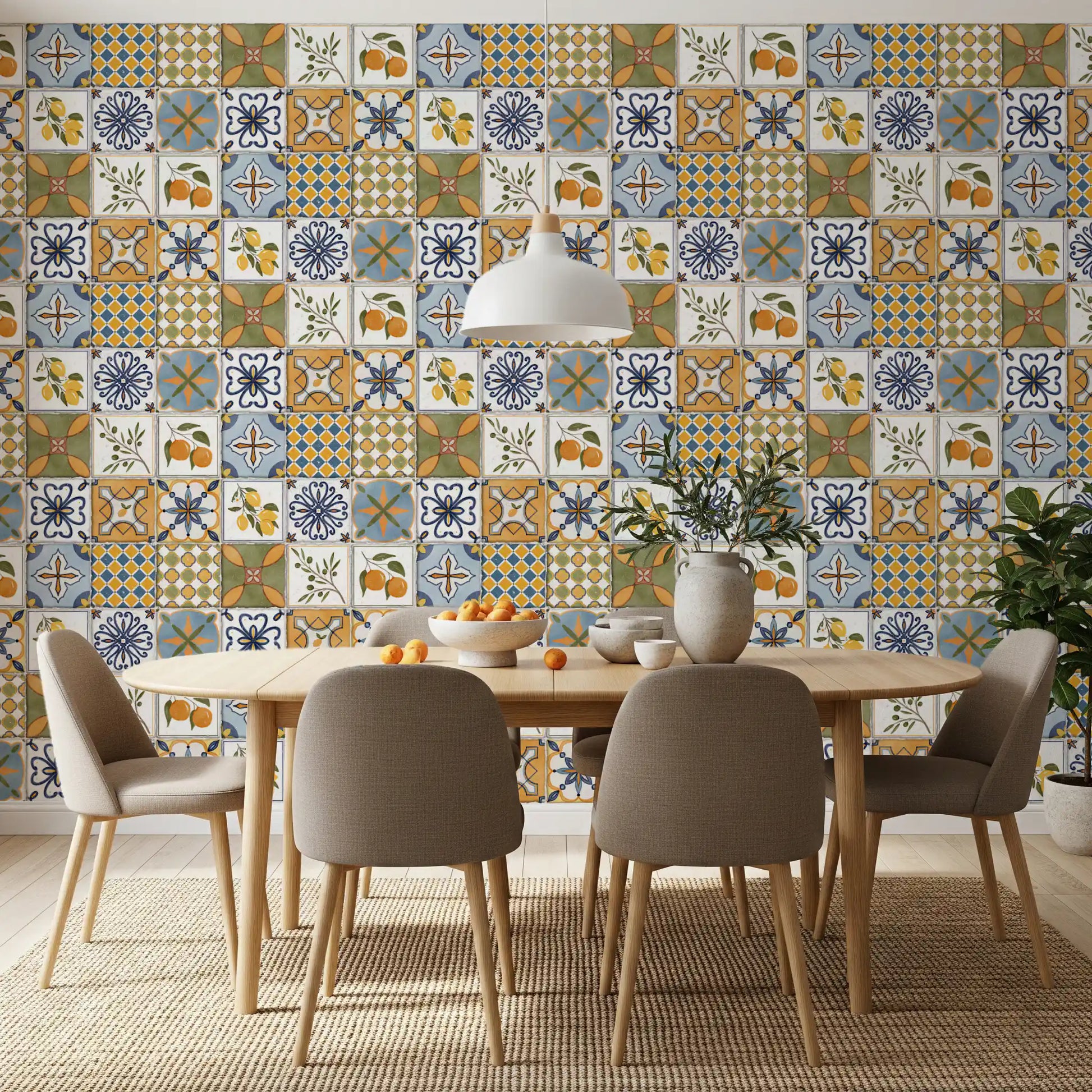 Tile motif wallpaper creating interest in an dining space