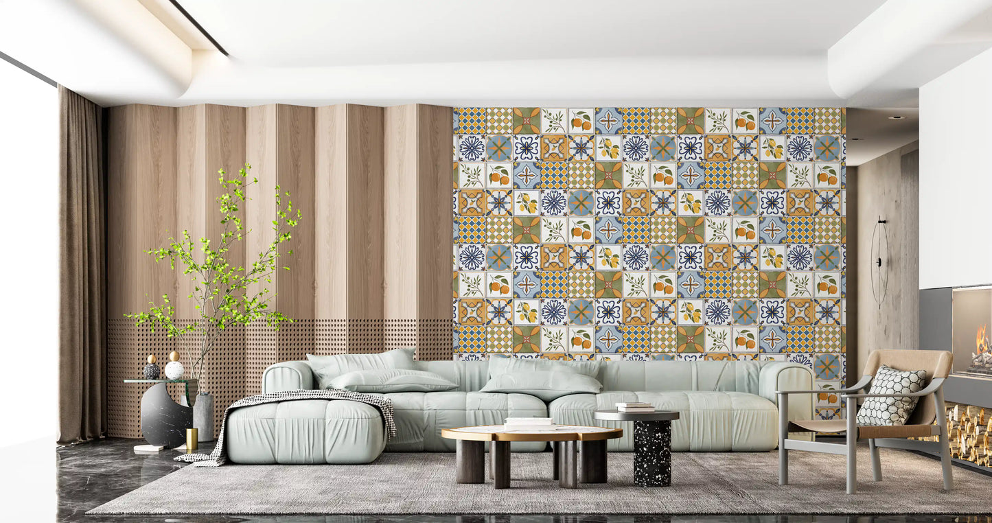 Mediterranean majolica tile pattern wallpaper in a hallway 
