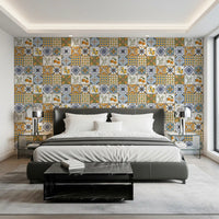 Tile motif wallpaper creating interest in an bedroom 