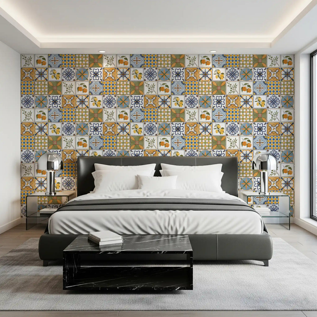 Tile motif wallpaper creating interest in an bedroom 