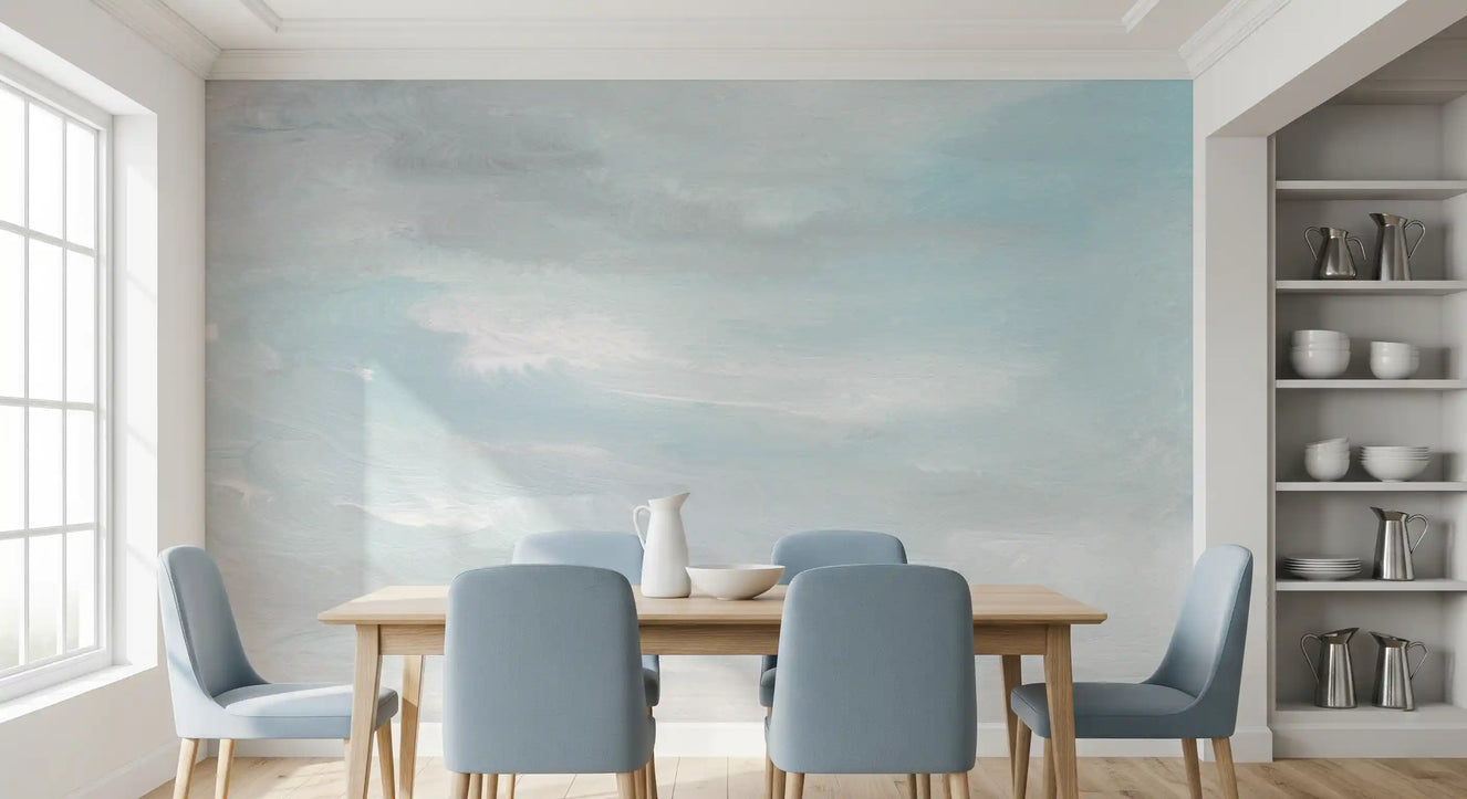 Ethereal sky wash mural for a serene dining room feature
