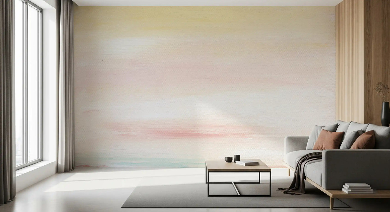 Dreamy sky wall mural for a soft living room feature 