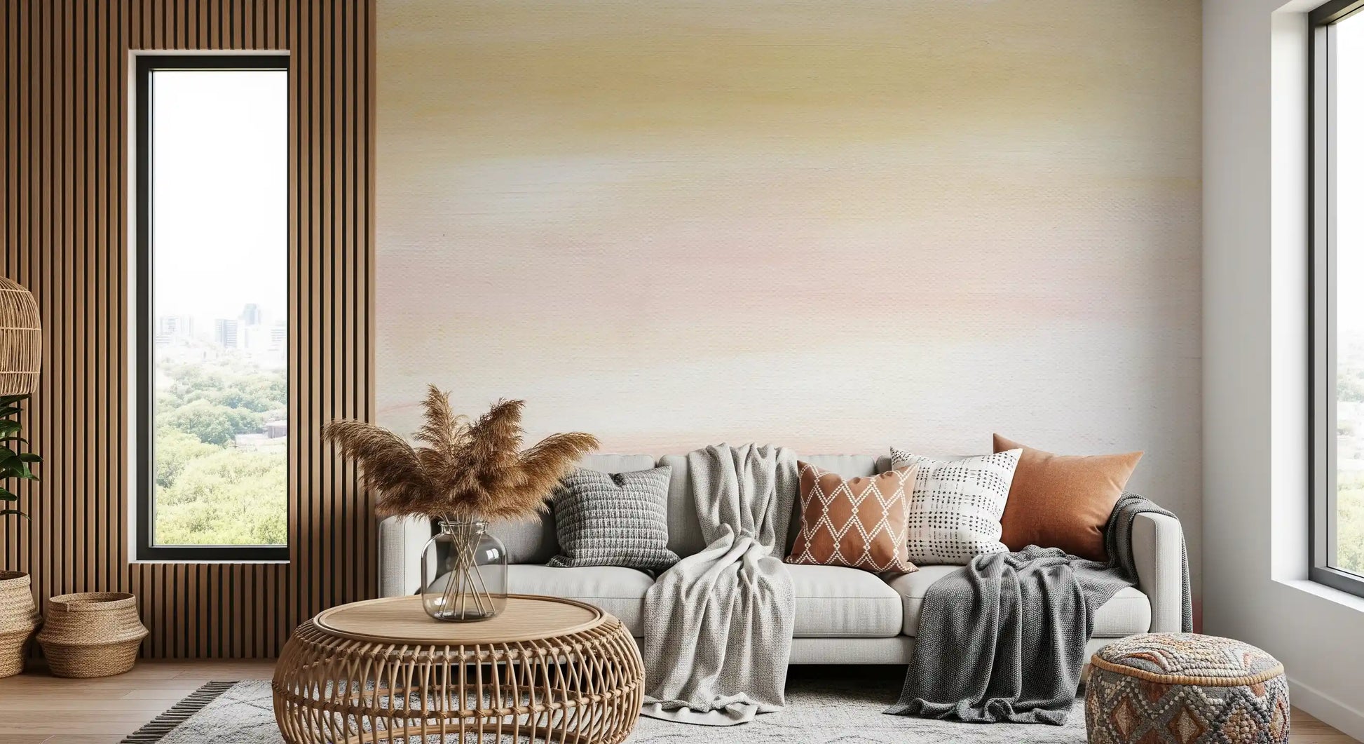 Pastel horizon wall mural covering in a calm living room setting