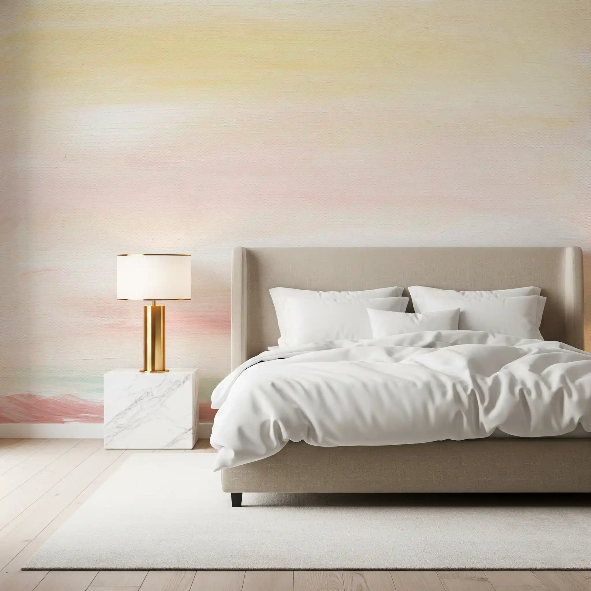 Blush sky wall mural along an elegant bedroom space
