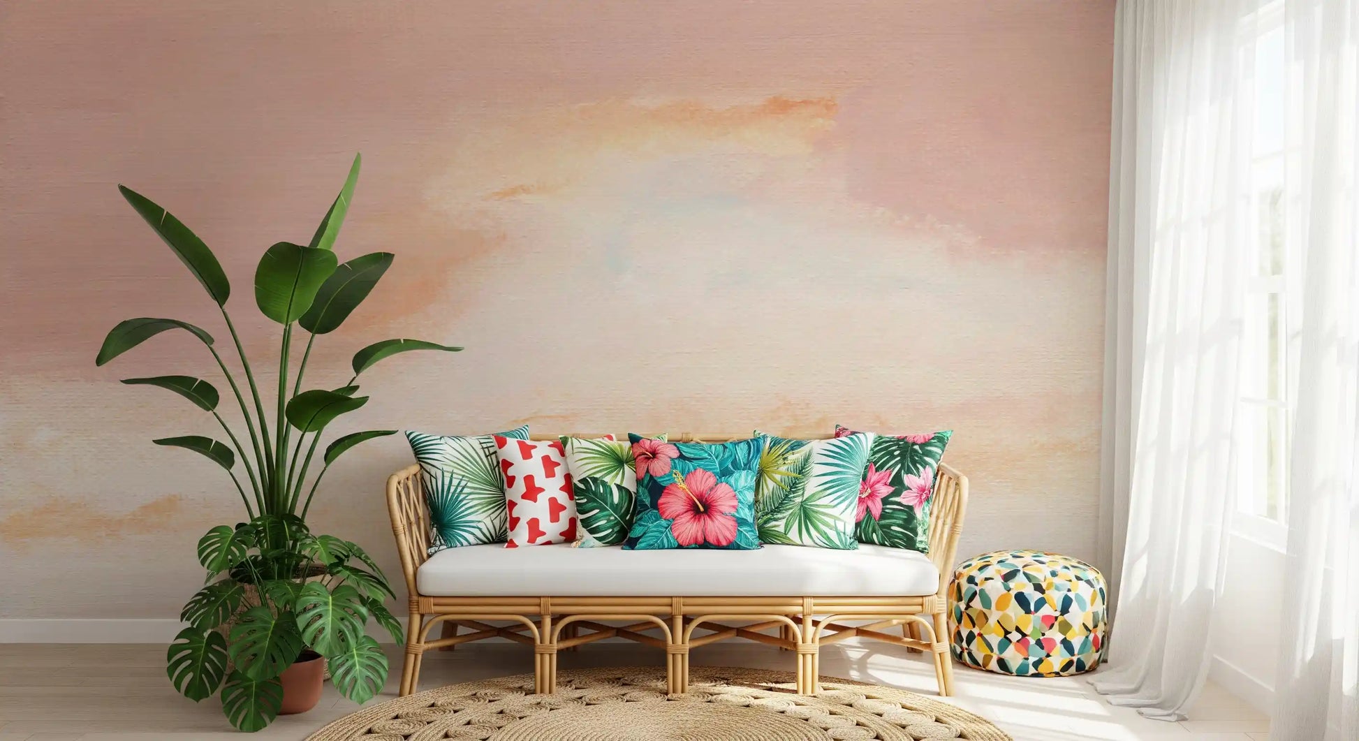 Soft peach skyline mural along an elegant hallway