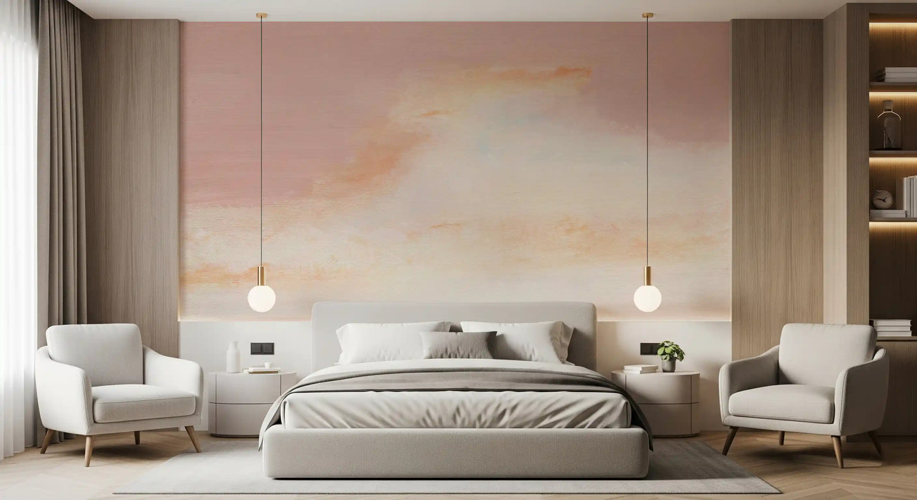Pastel horizon wall mural styled for a calm bedroom feature 