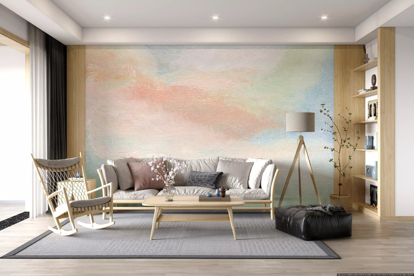 living room featuring ethereal colourful wall mural