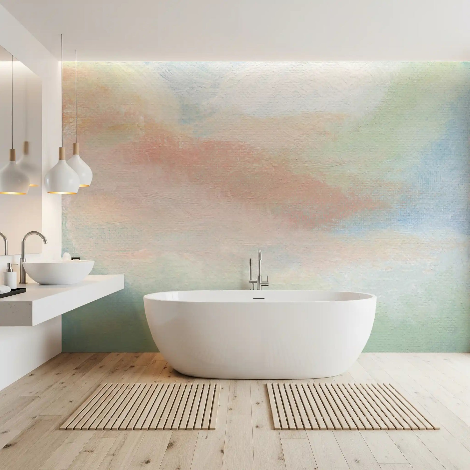 Pastel brushstroke wall mural in a cozy bathroom