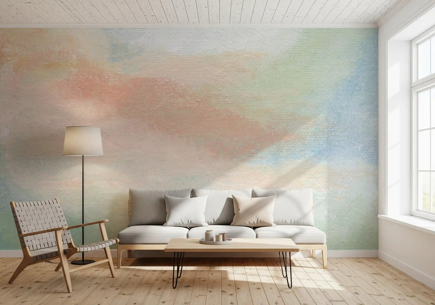 hallway styled with a soft pastel brushstroke wall mural