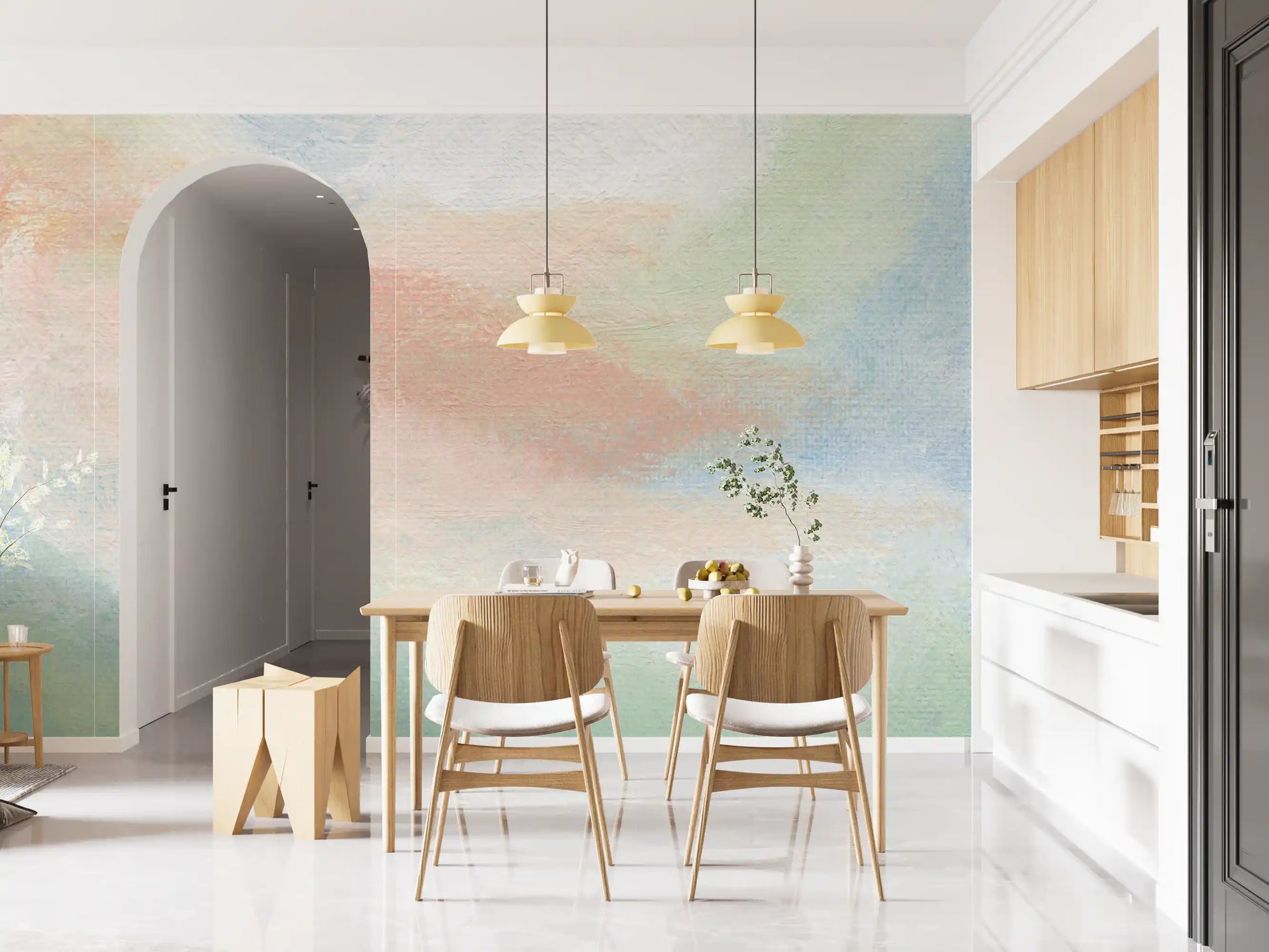 Dining room decorated with light brushstroke hues wall mural
