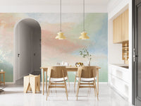 Dining room decorated with light brushstroke hues wall mural