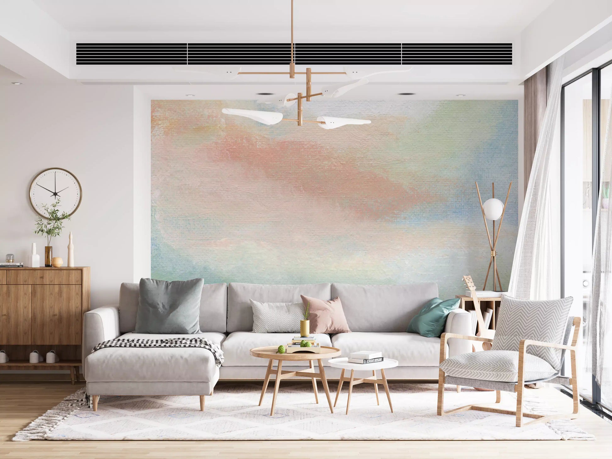 living room accented by ethereal peel and stick wall mural